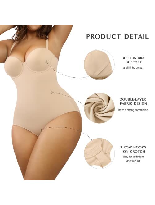 FeelinGirl Shapewear Bodysuit for Women Tummy Control Body Shaper Seamless Shapewear Cupped with Removable Straps