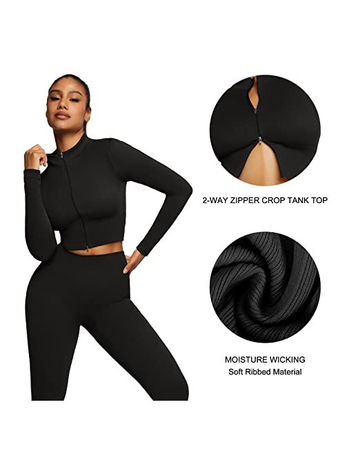 FeelinGirl Workout Sets for Women-2 Piece Seamless Yoga Outfit High Waist Leggings Crop Top Gym Sets