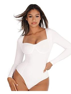 Square V Neck Long Sleeve Body Suits for Womens Tummy Control Thong Shapewear Bodysuit