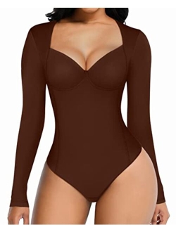 Square V Neck Long Sleeve Body Suits for Womens Tummy Control Thong Shapewear Bodysuit