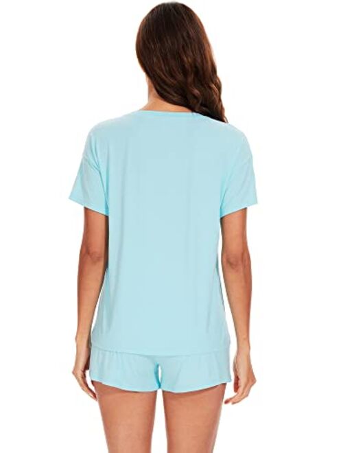 WiWi Bamboo Viscose Pajamas for Women Soft Short Sleeve Top with Shorts Pajama Set Summer Cooling Sleepwear Pjs Sets S-XXL