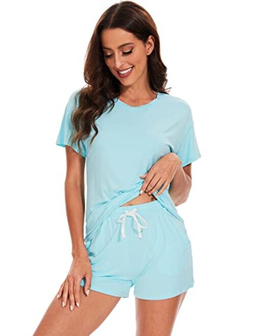 WiWi Bamboo Viscose Pajamas for Women Soft Short Sleeve Top with Shorts Pajama Set Summer Cooling Sleepwear Pjs Sets S-XXL