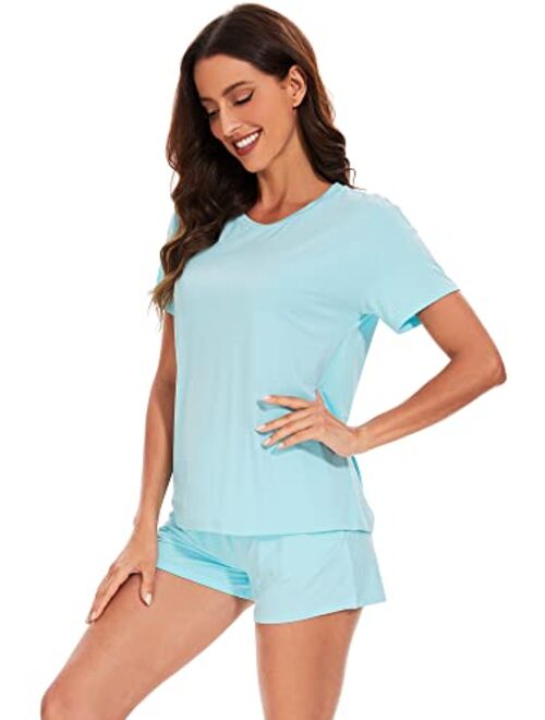 WiWi Bamboo Viscose Pajamas for Women Soft Short Sleeve Top with Shorts Pajama Set Summer Cooling Sleepwear Pjs Sets S-XXL