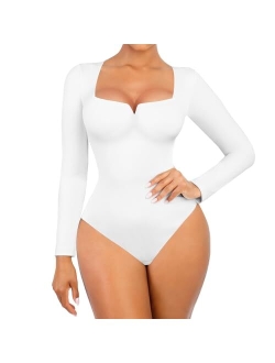 Square Neck Bodysuit for Women Long Sleeve/Sleeveless Tummy Control Slimming Bodysuit Going Out Tank Tops