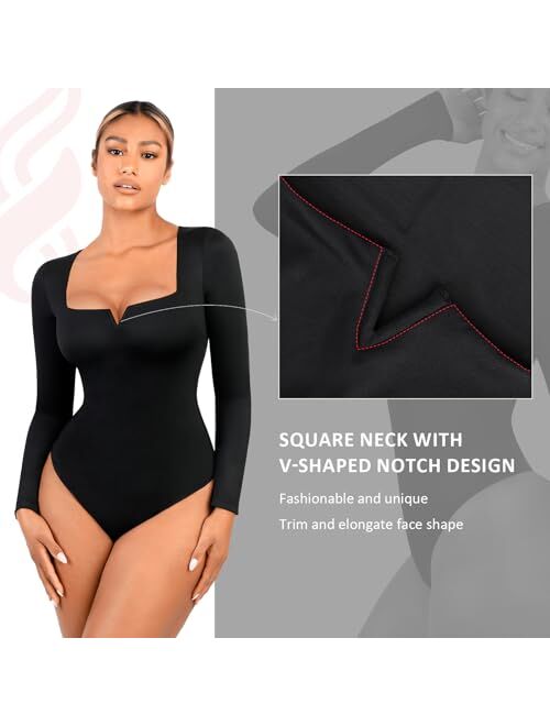 FeelinGirl Square Neck Bodysuit for Women Long Sleeve/Sleeveless Tummy Control Slimming Bodysuit Going Out Tank Tops