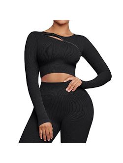 Workout Sets for Women 2 Piece Seamless Long Sleeve Crop Tops Seamless Ribbed Outfits High Waist Leggings