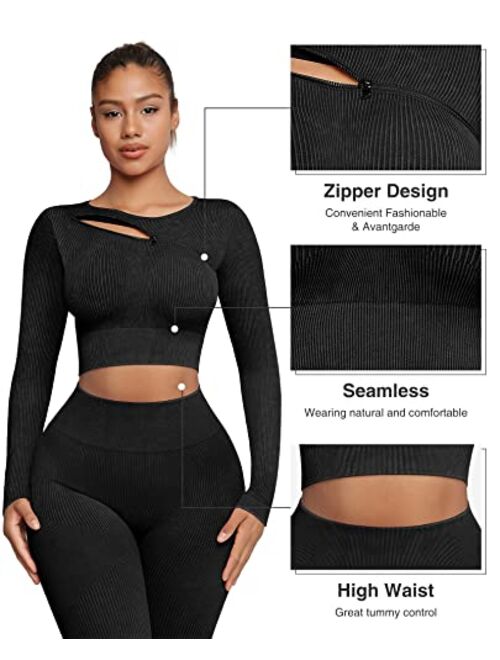 FeelinGirl Workout Sets for Women 2 Piece Seamless Long Sleeve Crop Tops Seamless Ribbed Outfits High Waist Leggings