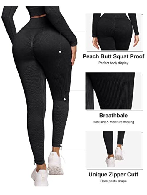 FeelinGirl Workout Sets for Women 2 Piece Seamless Long Sleeve Crop Tops Seamless Ribbed Outfits High Waist Leggings
