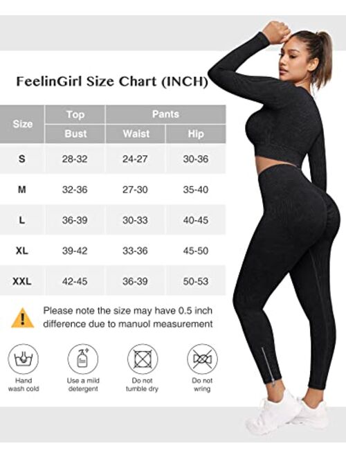 Workout Sets for Women 2 Piece Long Sleeve Yoga Outfits Seamless Ribbed  Crop Top High Waist Legging
