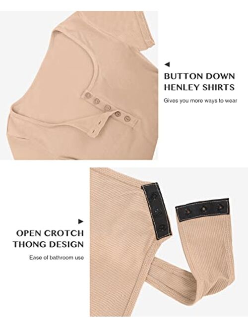 FeelinGirl 3 Packs Short Sleeve Bodysuit for Women Henley Tops Ribbed Cotton T Shirts Summer Scoop Neck Casual Shirt