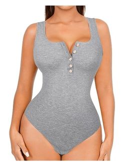 Bodysuit for Women Soft Ribbed Thong Bodysuit with Built in Bra 2023 Going Out Sleeveless Tank Tops Bodysuit