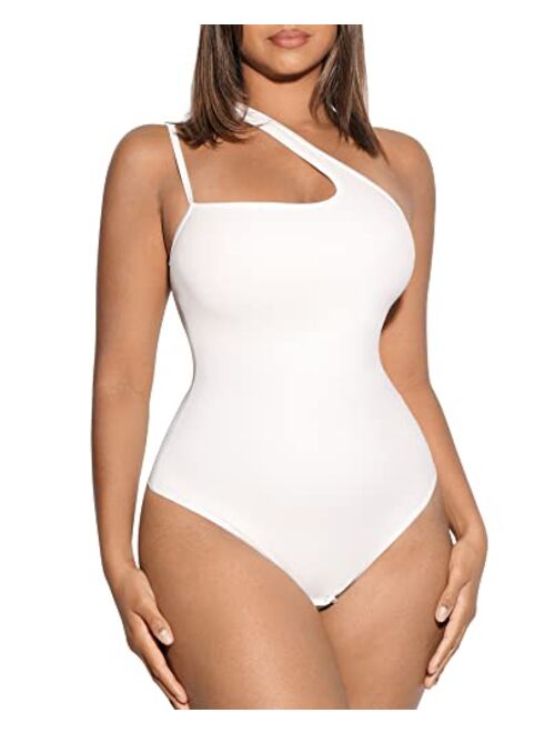 FeelinGirl Sleeveless Thong Bodysuit for Women One Shoulder Cutout Front Tummy Control Body Suit Tank Tops