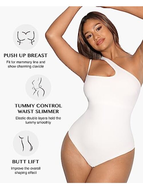FeelinGirl Sleeveless Thong Bodysuit for Women One Shoulder Cutout Front Tummy Control Body Suit Tank Tops