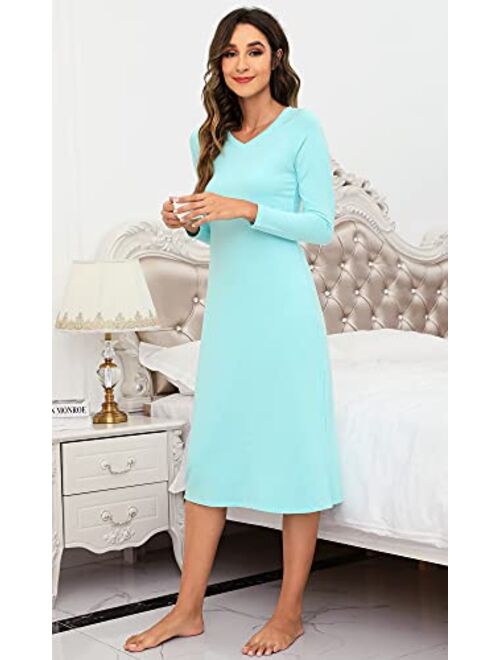 WiWi Nightgowns for Women Soft Bamboo Viscose & Cotton Long Sleeve Nightshirts Sleepwear Plus Size Loungewear S-3X