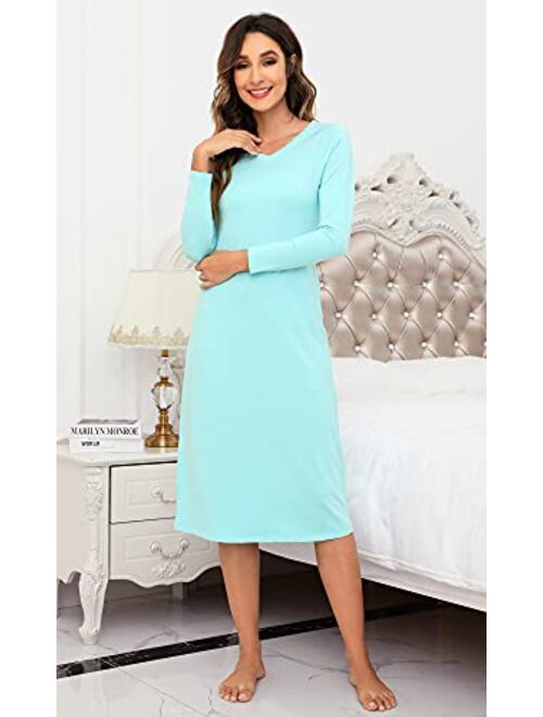 WiWi Nightgowns for Women Soft Bamboo Viscose & Cotton Long Sleeve Nightshirts Sleepwear Plus Size Loungewear S-3X