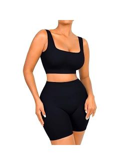Workout Sets for Women 2 Piece Outfits Seamless Ribbed Sport Bra High Waist Shorts Reg & Plus Size