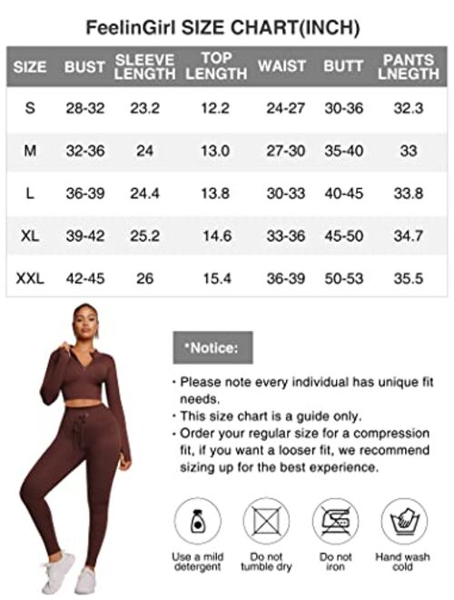 FeelinGirl Workout Sets for Women 2 Piece Seamless Long Sleeve Crop Tops Seamless Ribbed High Waist Leggings