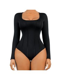 Bodysuit for Women Tummy Control Long/Short Sleeve Thong Tops Square Neck Body Suit Going Out Bodysuits