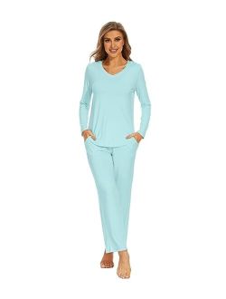 Pajamas for Women Bamboo Viscose Long Sleeve Sleepwear with Pants Set Soft Casual Pj Warm Lounge Sets S-XXL