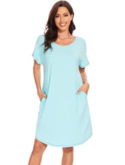 Bamboo Viscose Nightgowns for Women Soft Short Sleeve Night Gowns Sleep Shirt Sleepwear Dress with Pockets S-XXL