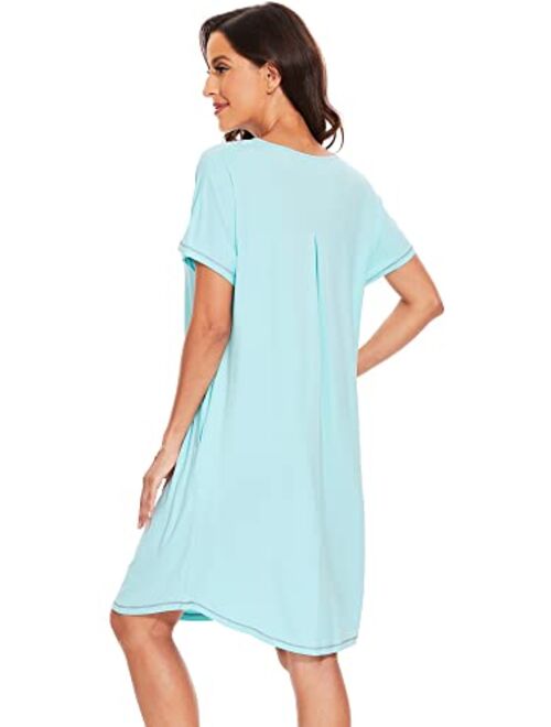 WiWi Bamboo Viscose Nightgowns for Women Soft Short Sleeve Night Gowns Sleep Shirt Sleepwear Dress with Pockets S-XXL