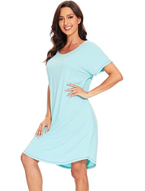 WiWi Bamboo Viscose Nightgowns for Women Soft Short Sleeve Night Gowns Sleep Shirt Sleepwear Dress with Pockets S-XXL