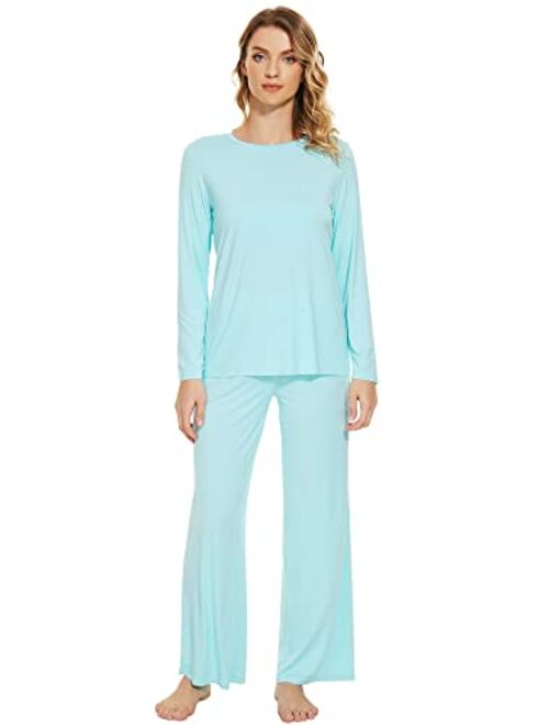 WiWi Soft Pajama Set for Women Bamboo Viscose Long Sleeve with Pants Loungewear 2 Piece Pj Sets Sleepwear Pjs S-XXL