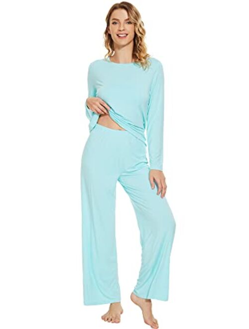 WiWi Soft Pajama Set for Women Bamboo Viscose Long Sleeve with Pants Loungewear 2 Piece Pj Sets Sleepwear Pjs S-XXL