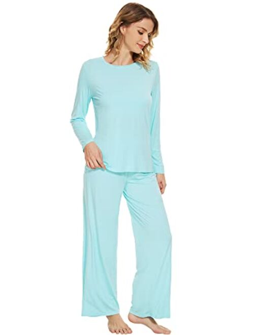 WiWi Soft Pajama Set for Women Bamboo Viscose Long Sleeve with Pants Loungewear 2 Piece Pj Sets Sleepwear Pjs S-XXL