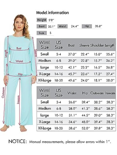 WiWi Soft Pajama Set for Women Bamboo Viscose Long Sleeve with Pants Loungewear 2 Piece Pj Sets Sleepwear Pjs S-XXL