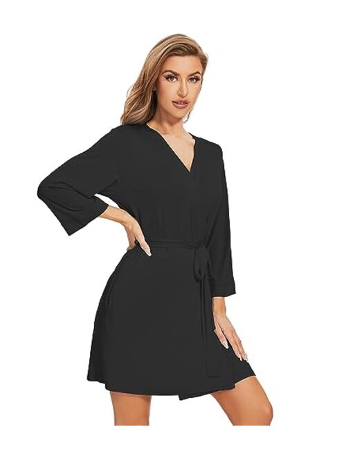 WiWi Women's Bamboo Viscose Robes Soft 3/4 Sleeve Kimono Bathrobe Maternity Robe Lightweight Casual Sleepwear S-XXL