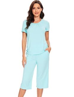 Pajamas for Women Bamboo Viscose Pajama Sets Soft Short Sleeve Pjs with Capri Pants 2 Piece Comfy Loungewear S-XXL