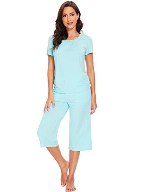 WiWi Pajamas for Women Bamboo Viscose Pajama Sets Soft Short Sleeve Pjs with Capri Pants 2 Piece Comfy Loungewear S-XXL