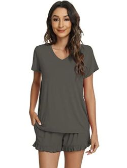 Womens Bamboo Viscose Pajamas Set Soft Short Sleeve Top and Ruffle Shorts Sleepwear 2 Piece Pjs Lounge Sets S-XXL