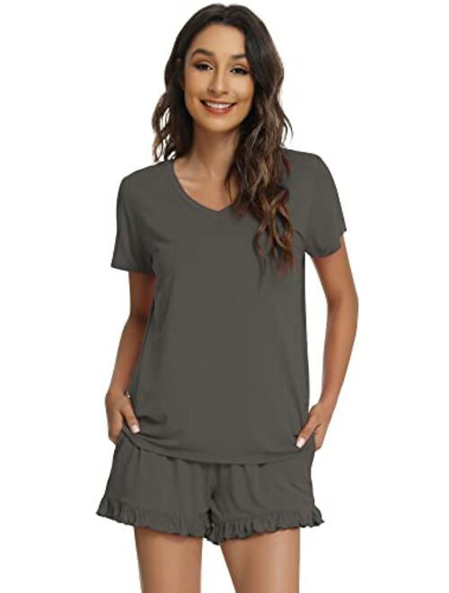 WiWi Womens Bamboo Viscose Pajamas Set Soft Short Sleeve Top and Ruffle Shorts Sleepwear 2 Piece Pjs Lounge Sets S-XXL