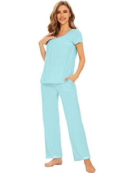 WiWi Bamboo Viscose Pajamas for Women Soft Short Sleeve Pajama Sets with Pants Lightweight 2 Piece Loungewear Pjs Set S-XXL