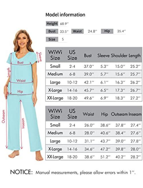 WiWi Bamboo Viscose Pajamas for Women Soft Short Sleeve Pajama Sets with Pants Lightweight 2 Piece Loungewear Pjs Set S-XXL
