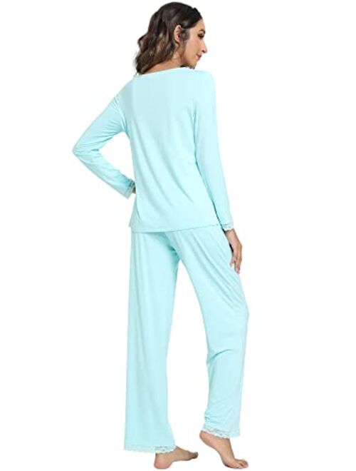 WiWi Soft Pajamas Sets for Women Bamboo Viscose Long Sleeve Sleepwear and Pants Pjs Lounge Set Loungewear S-XXL