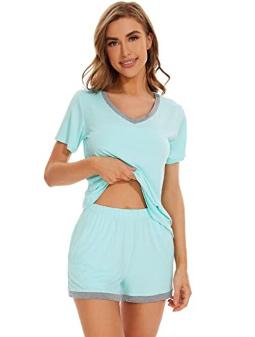 WiWi Bamboo Viscose Pajamas Set for Women Short Sleeve Top and Shorts Pjs Set Ladies Summer Cooling Sleepwear S-XXL