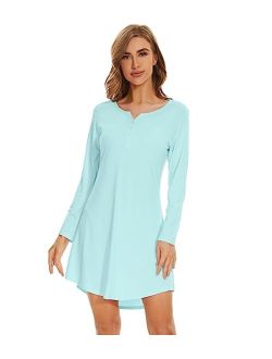 Women's Bamboo Viscose Nightgown Long Sleeve Nightshirt Soft Sleep Dress V-neck Loose Comfy Pajama Sleepwear S-XXL