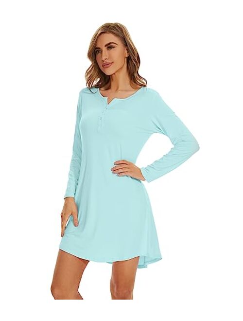 WiWi Women's Bamboo Viscose Nightgown Long Sleeve Nightshirt Soft Sleep Dress V-neck Loose Comfy Pajama Sleepwear S-XXL