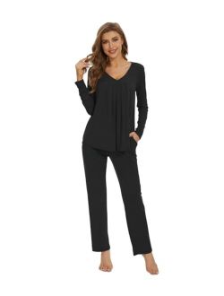 Women's Bamboo Viscose Pajamas Sets V-neck Pleated Front Sleepwear Soft Long Sleeve Knit Loungewear Set S-XXL