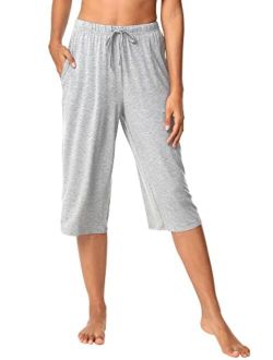 Bamboo Viscose Capri Pants for Women Capris Wide Leg Pajama Bottoms with Pockets Knit Lounge Sleep Pant Drawstring S-XXL
