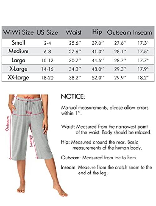 WiWi Bamboo Viscose Capri Pants for Women Capris Wide Leg Pajama Bottoms with Pockets Knit Lounge Sleep Pant Drawstring S-XXL