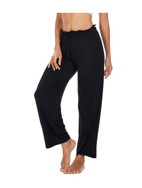 WiWi Women's Casual Loose Wide Leg Pants Bamboo Viscose Pajama Bottoms Drawstring Sweatpants Palazzo Lounge Pant S-XXL