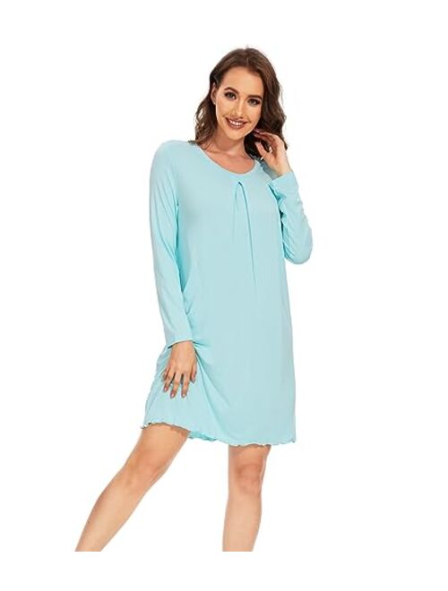 WiWi Bamboo Viscose Nightgowns for Women Long Sleeve Nightgown Warm Night Gowns Sleep Shirt Lightweight Gown S-XXL