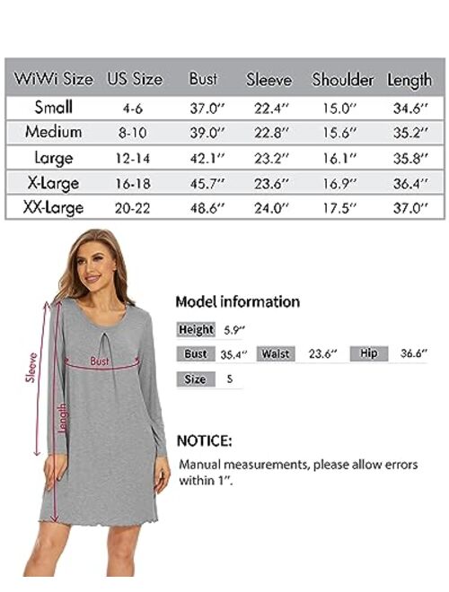 WiWi Bamboo Viscose Nightgowns for Women Long Sleeve Nightgown Warm Night Gowns Sleep Shirt Lightweight Gown S-XXL