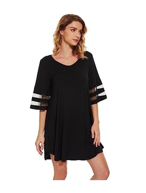 WiWi Bamboo Viscose Nightgowns for Women Half Sleeves Sleep Shirt Soft V-neck Sleepwear Loose Comfy Nightshirts S-XXL