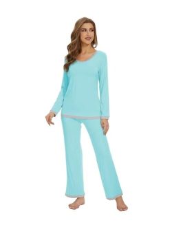 Women's Bamboo Viscose Pajama Sets Soft Long Sleeves Top with Pants Loose 2 Pieces Loungewear Set S-XXL