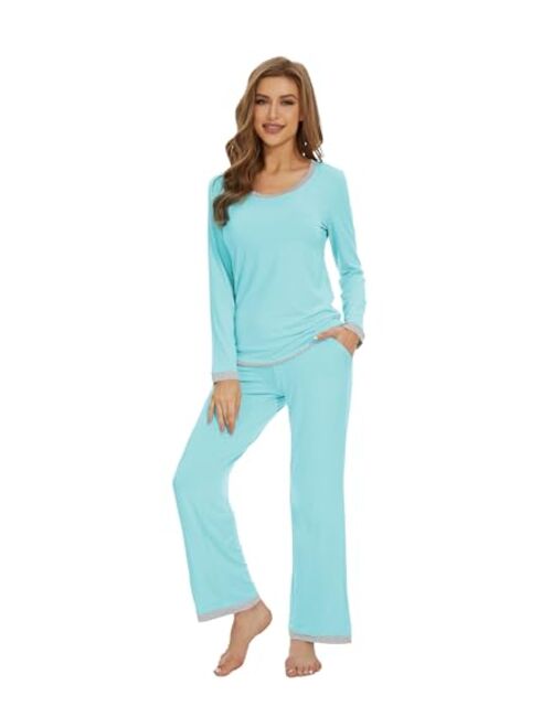 WiWi Women's Bamboo Viscose Pajama Sets Soft Long Sleeves Top with Pants Loose 2 Pieces Loungewear Set S-XXL